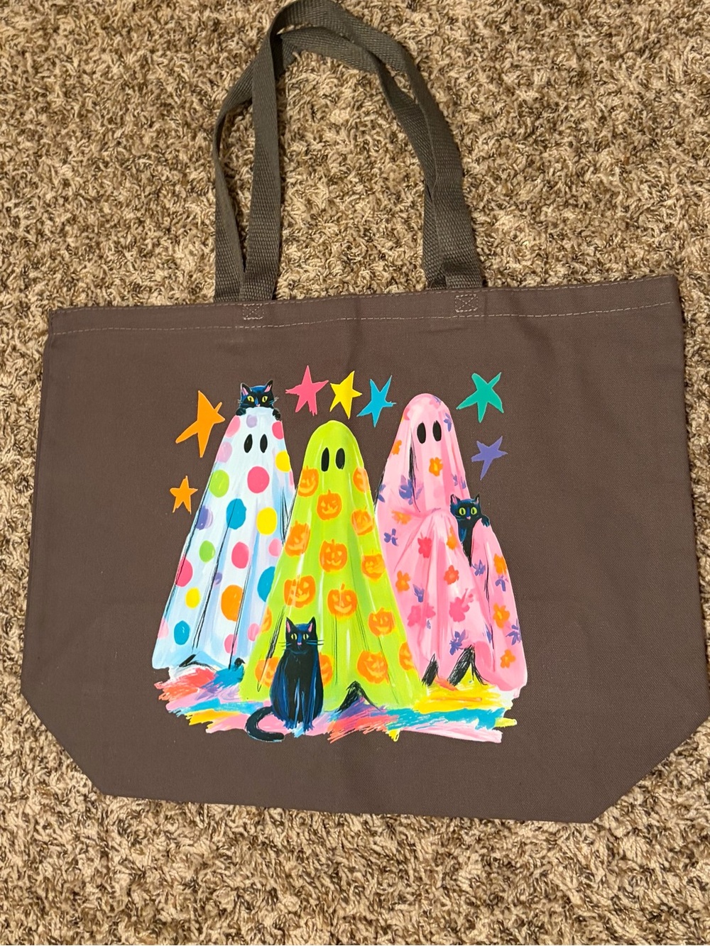 Canvas Tote Bag with Colorful Ghosts and Cats - Grey